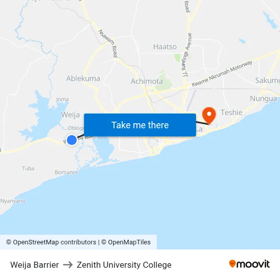 Weija Barrier to Zenith University College map