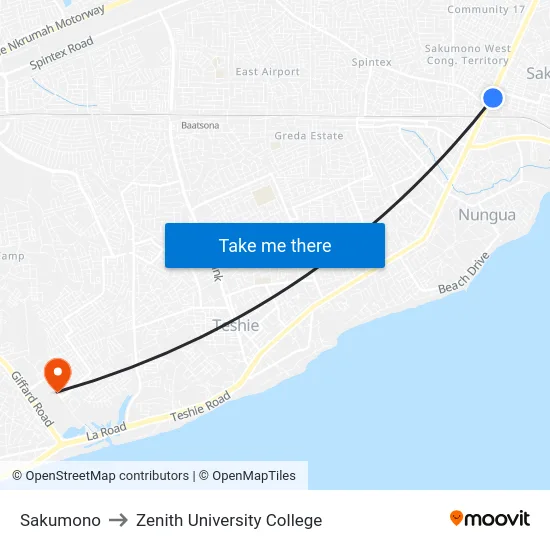 Sakumono to Zenith University College map