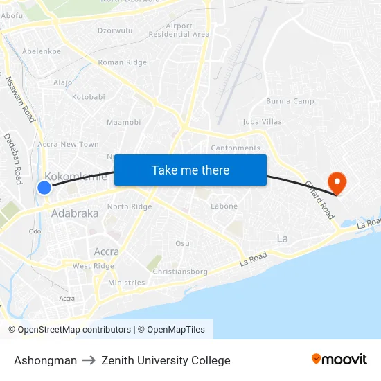 Ashongman to Zenith University College map