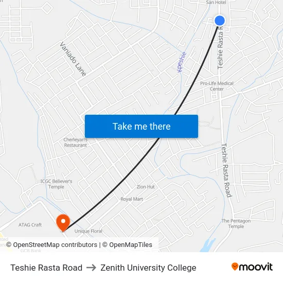 Teshie Rasta Road to Zenith University College map