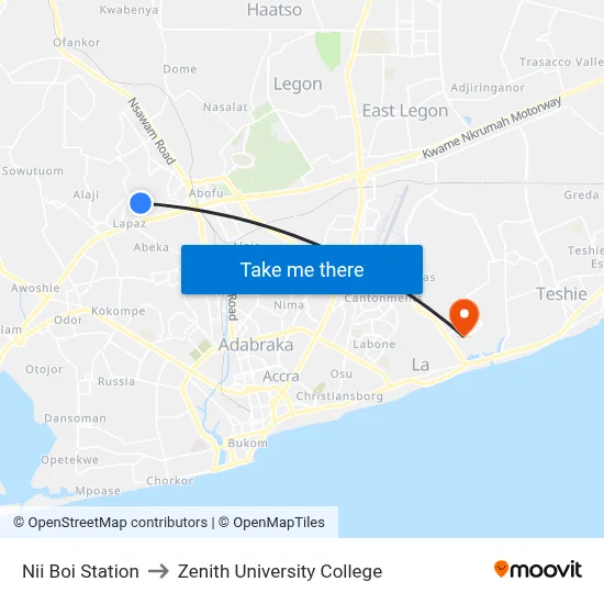 Nii Boi Station to Zenith University College map