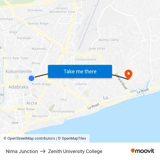 Nima Junction to Zenith University College map