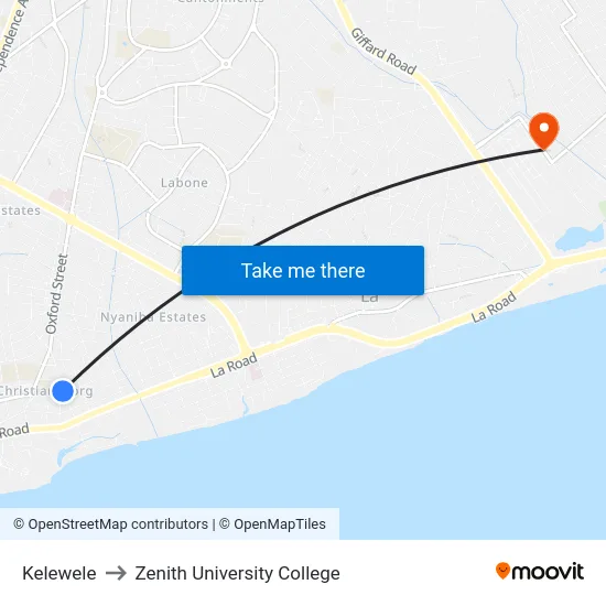 Kelewele to Zenith University College map
