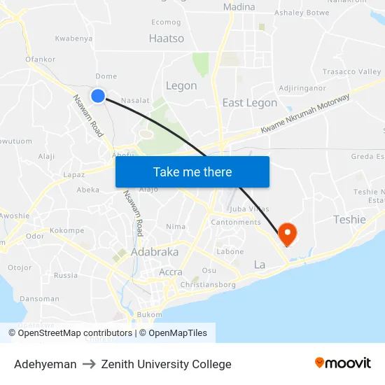 Adehyeman to Zenith University College map