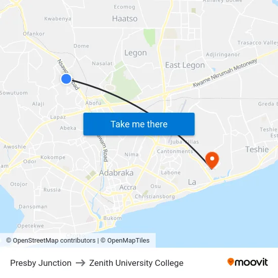 Presby Junction to Zenith University College map