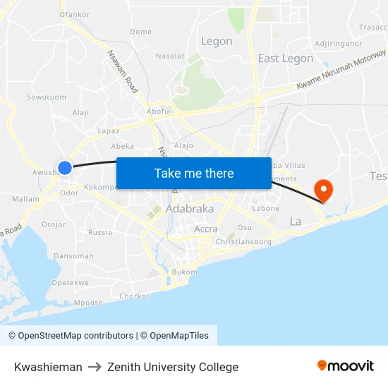 Kwashieman to Zenith University College map
