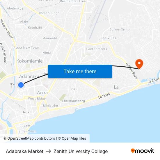 Adabraka Market to Zenith University College map