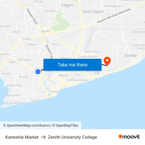 Kaneshie Market to Zenith University College map