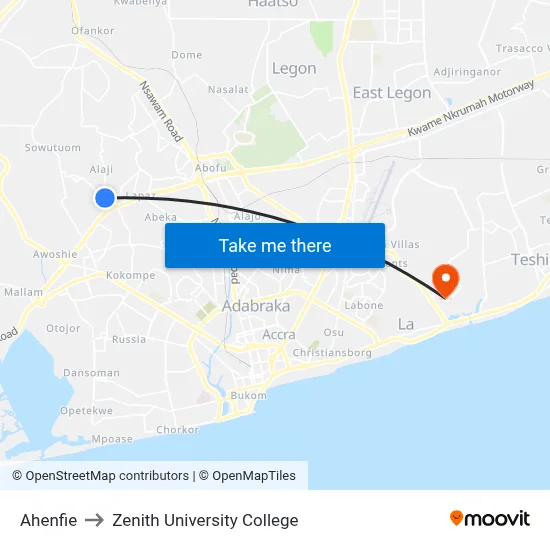 Ahenfie to Zenith University College map