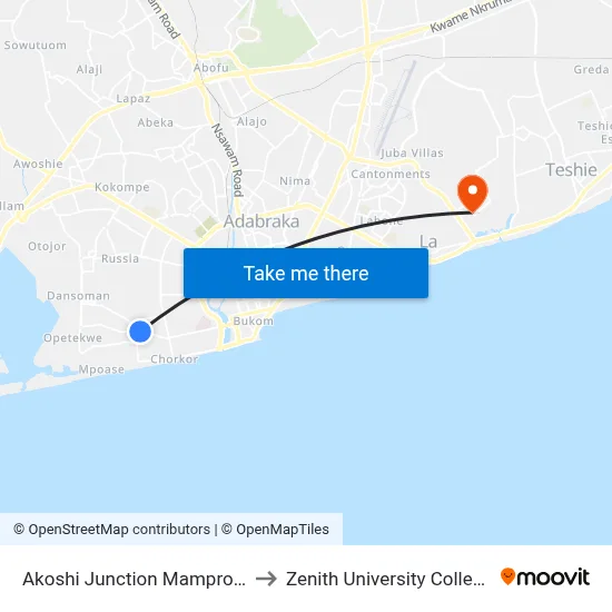 Akoshi Junction Mamprobi to Zenith University College map