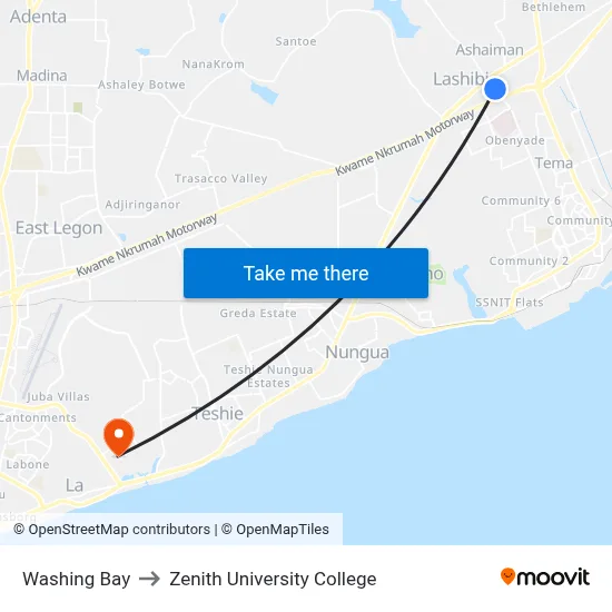 Washing Bay to Zenith University College map
