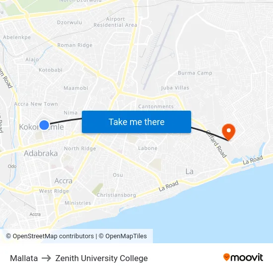 Mallata to Zenith University College map