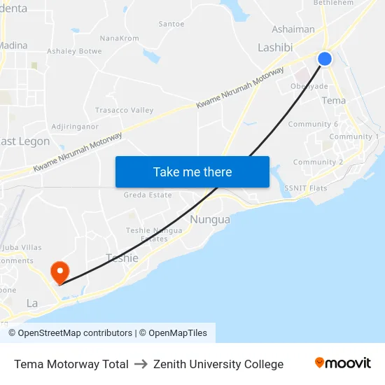Tema Motorway Total to Zenith University College map