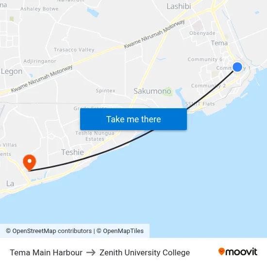 Tema Main Harbour to Zenith University College map