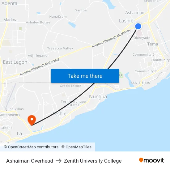 Ashaiman Overhead to Zenith University College map