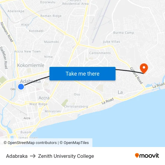 Adabraka to Zenith University College map