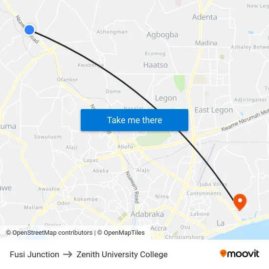 Fusi Junction to Zenith University College map