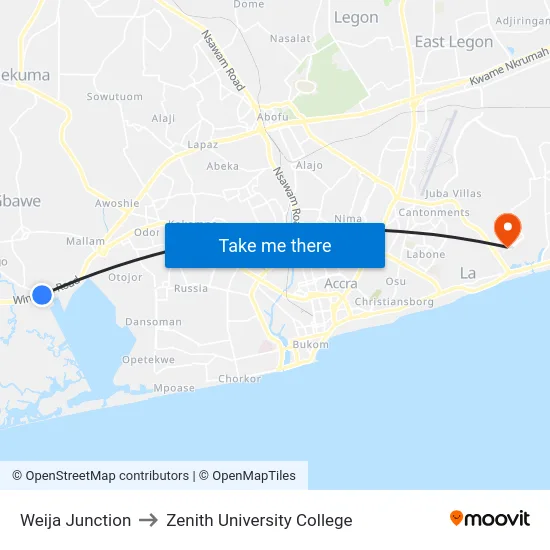 Weija Junction to Zenith University College map