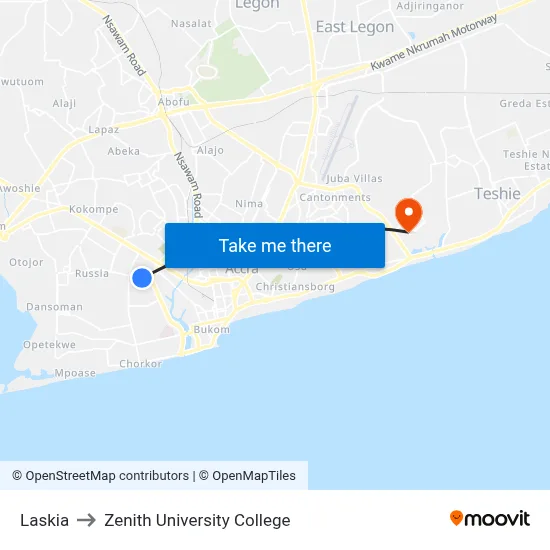 Laskia to Zenith University College map