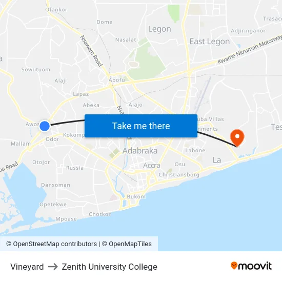Vineyard to Zenith University College map