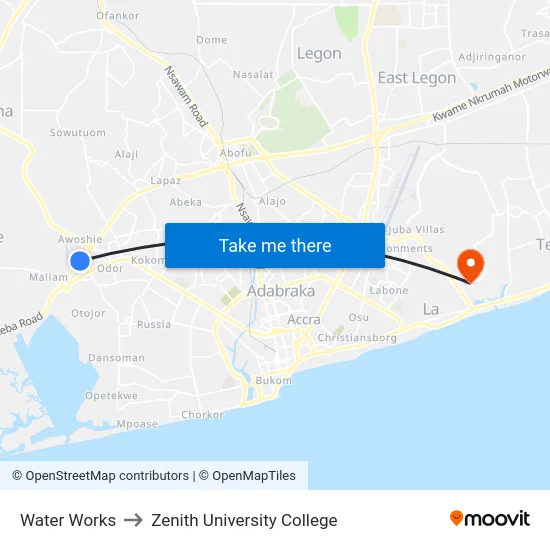 Water Works to Zenith University College map