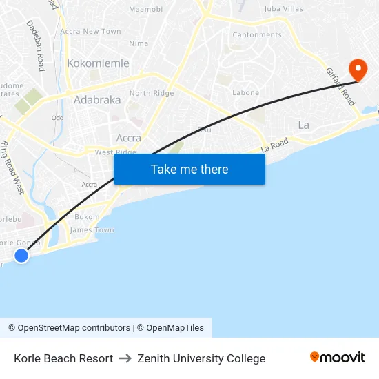 Korle Beach Resort to Zenith University College map