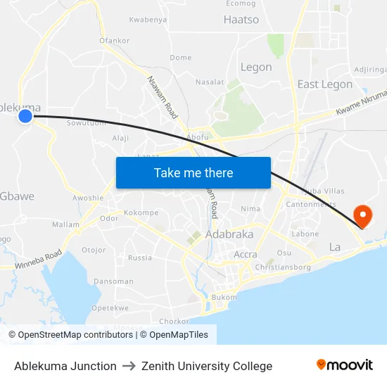 Ablekuma Junction to Zenith University College map