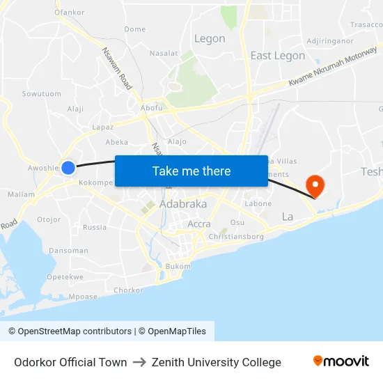 Odorkor Official Town to Zenith University College map