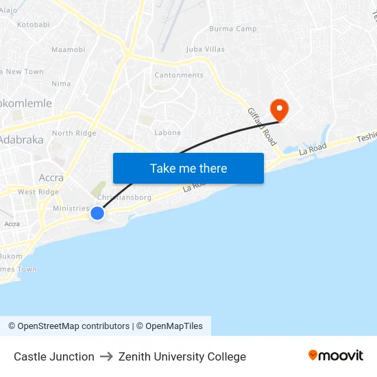 Castle Junction to Zenith University College map