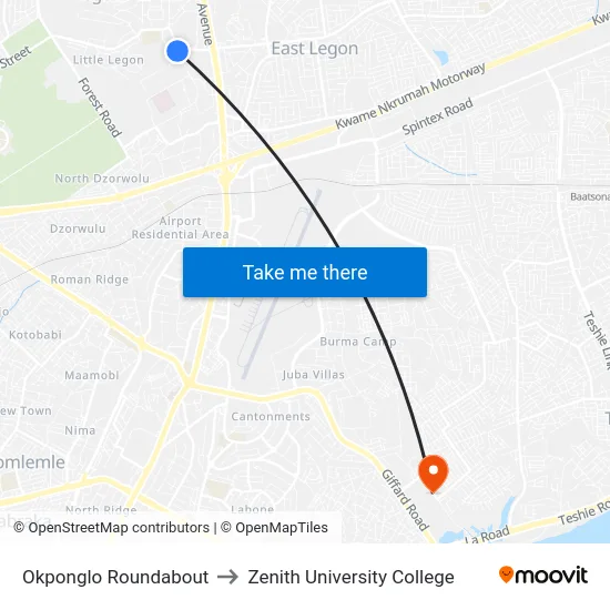 Okponglo Roundabout to Zenith University College map