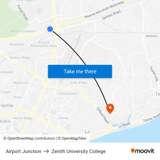 Airport Junction to Zenith University College map
