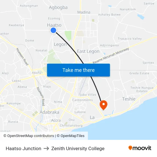 Haatso Junction to Zenith University College map
