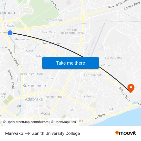 Marwako to Zenith University College map