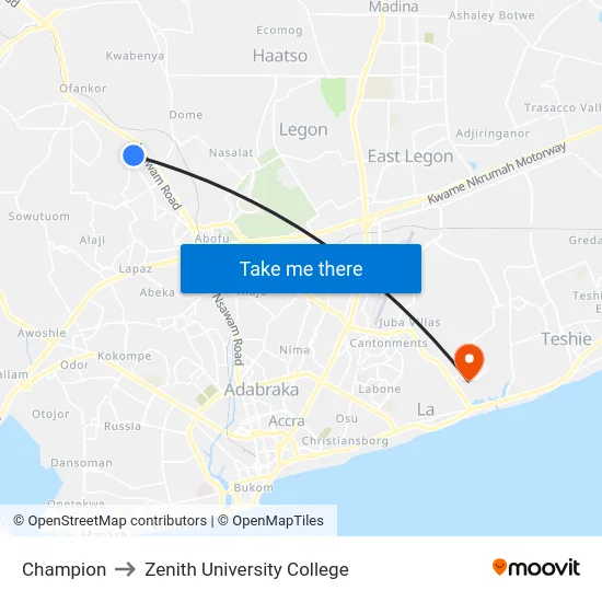 Champion to Zenith University College map