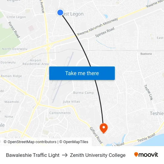 Bawaleshie Traffic Light to Zenith University College map