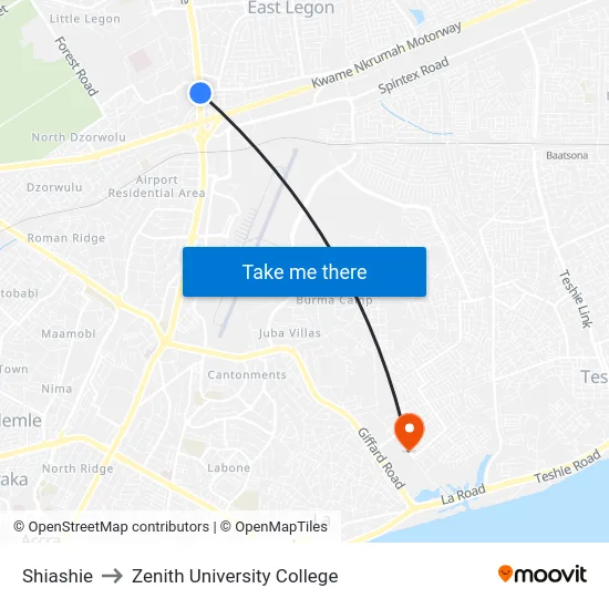 Shiashie to Zenith University College map