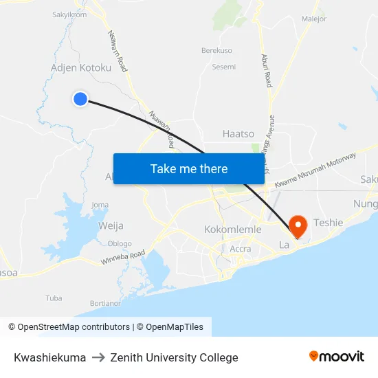 Kwashiekuma to Zenith University College map