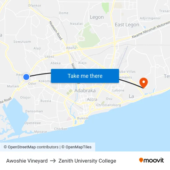 Awoshie Vineyard to Zenith University College map