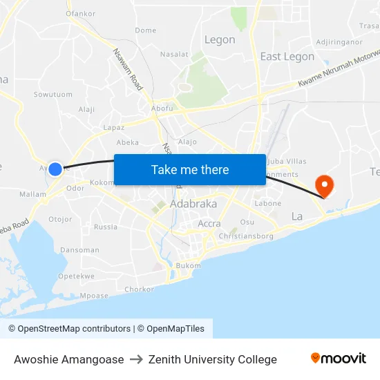 Awoshie Amangoase to Zenith University College map