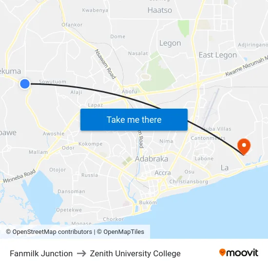 Fanmilk Junction to Zenith University College map