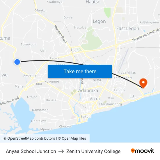 Anyaa School Junction to Zenith University College map