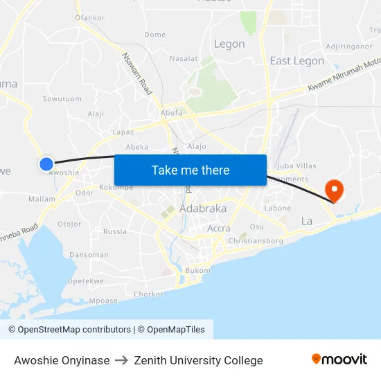 Awoshie Onyinase to Zenith University College map