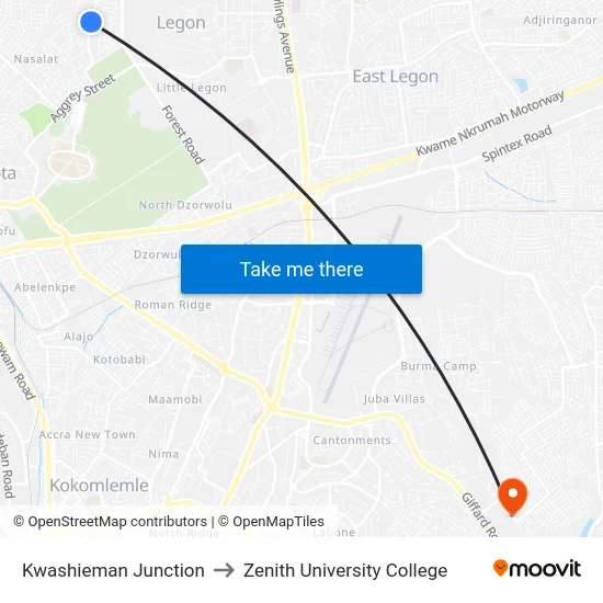 Kwashieman Junction to Zenith University College map