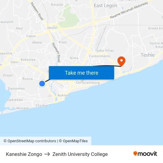 Kaneshie Zongo to Zenith University College map