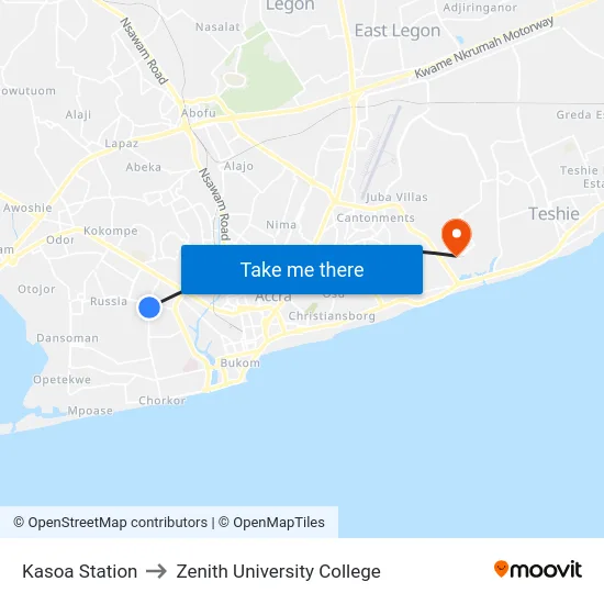 Kasoa Station to Zenith University College map