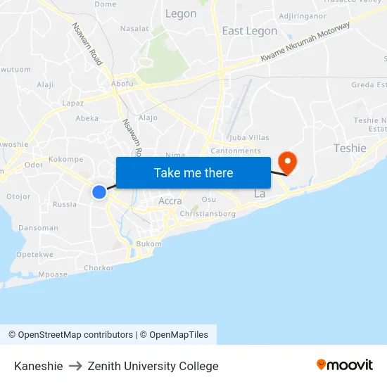 Kaneshie to Zenith University College map