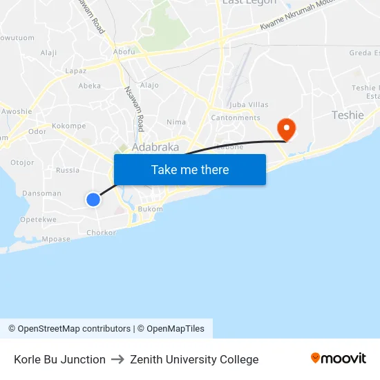 Korle Bu Junction to Zenith University College map