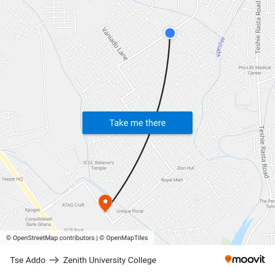 Tse Addo to Zenith University College map