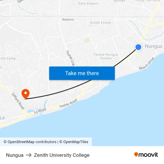 Nungua to Zenith University College map