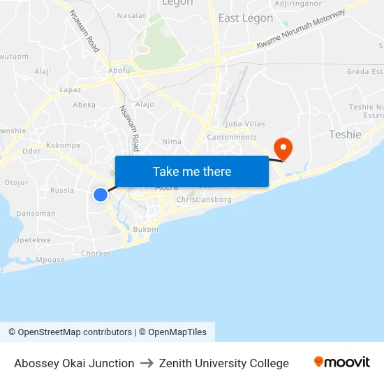 Abossey Okai Junction to Zenith University College map